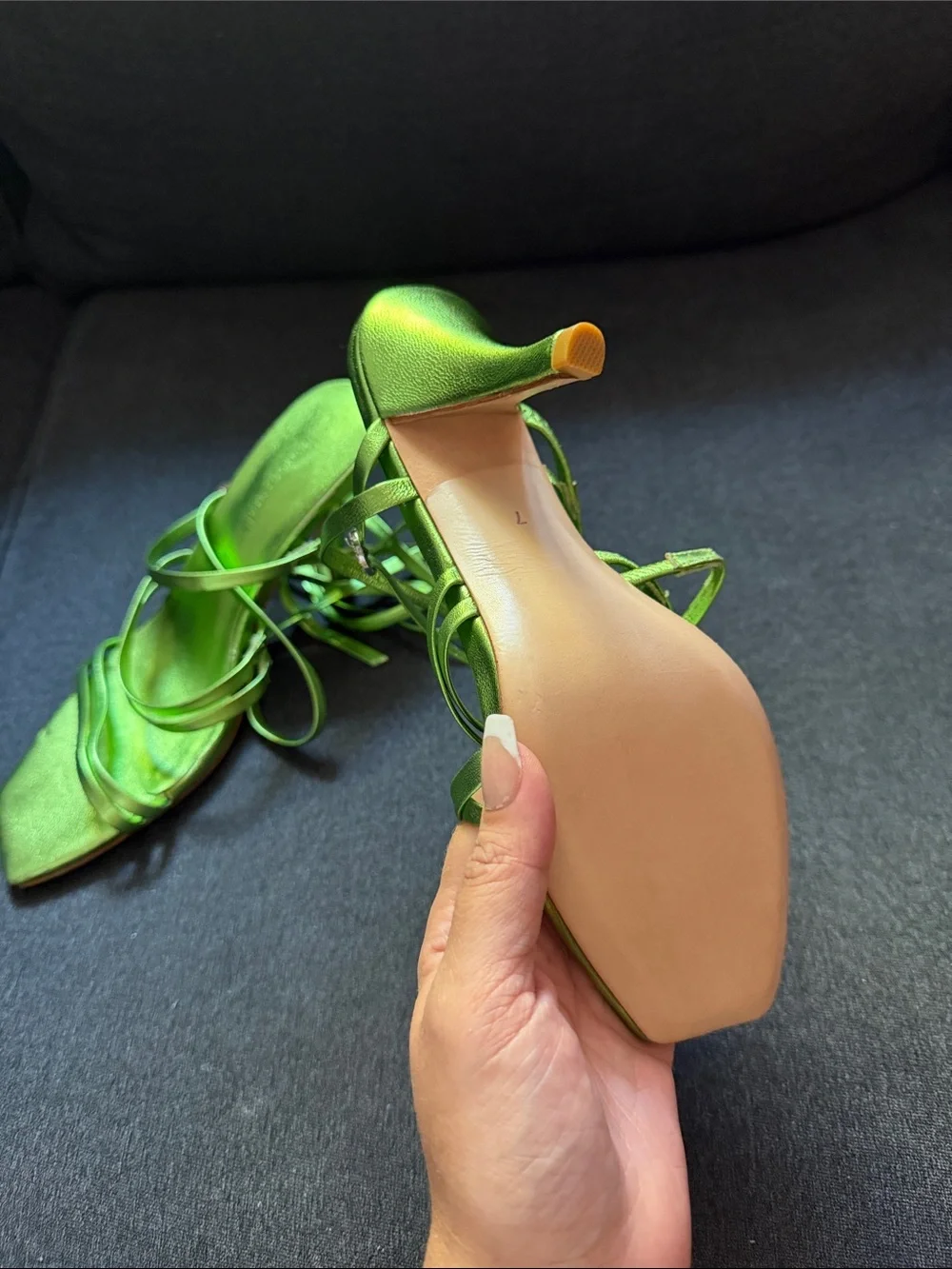 Lovers + Friends Metallic Lime Green Strappy Heeled Sandals - Picture 3 of 4
